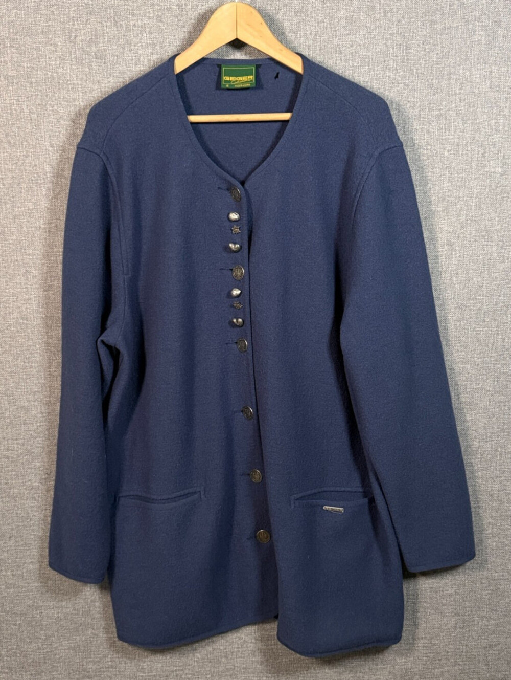 Vintage 90s Geiger Austria Boiled Wool Trachten Jacket Womens 48 Navy Blue